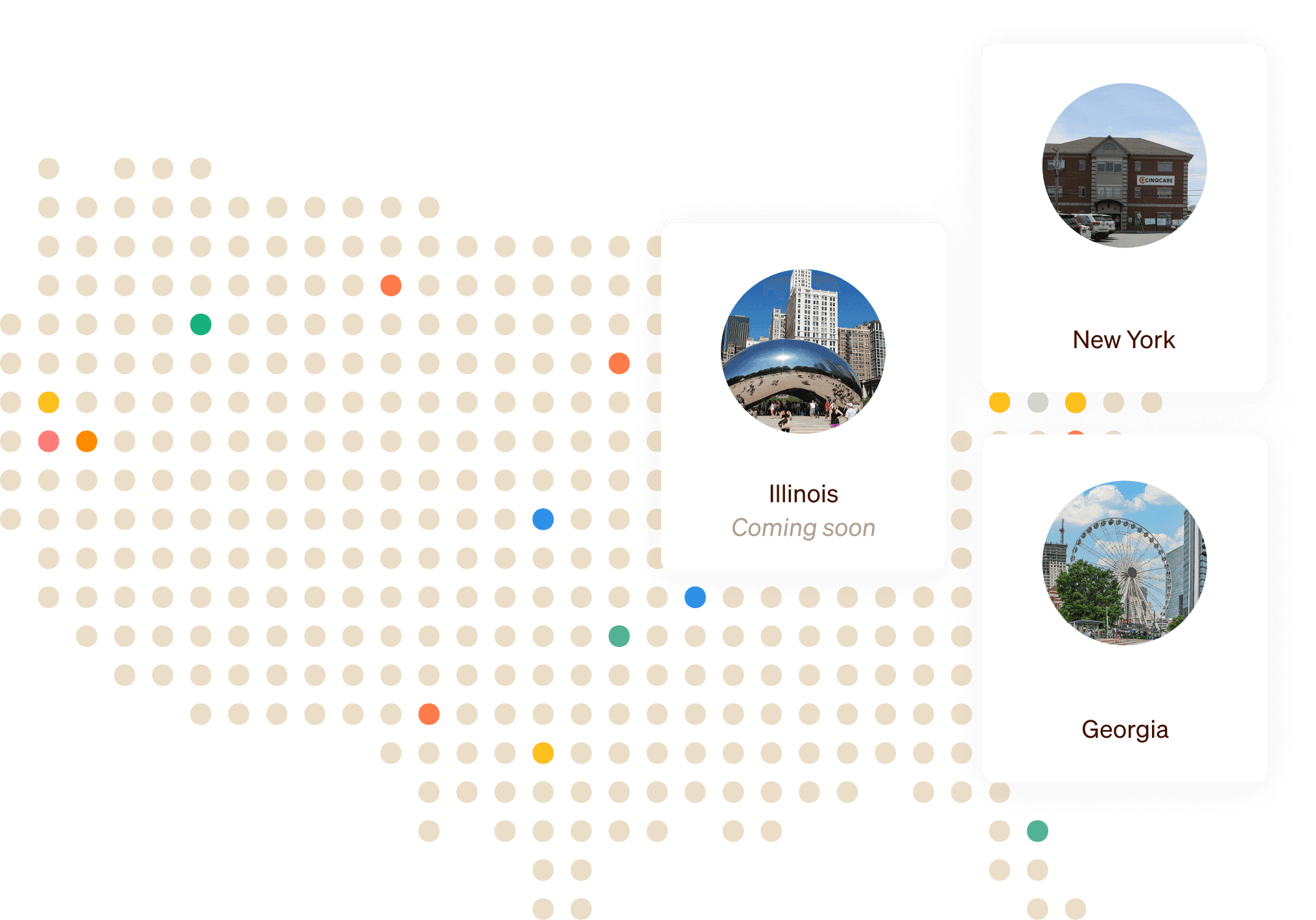 A stylized map of the United States, made from a grid of many dots. Some dots are highlighted in different colors, highlighting CINQCARE-partnered locations across the US. Two locations in the Northeast have info boxes: Buffalo and DC.